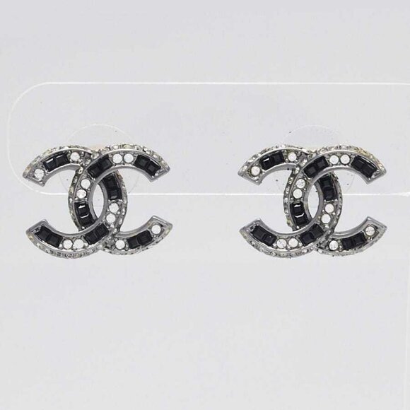 Chanel Ruthenium and Black/White Crystal CC Logo Stud Earrings - Picture 1 of 8